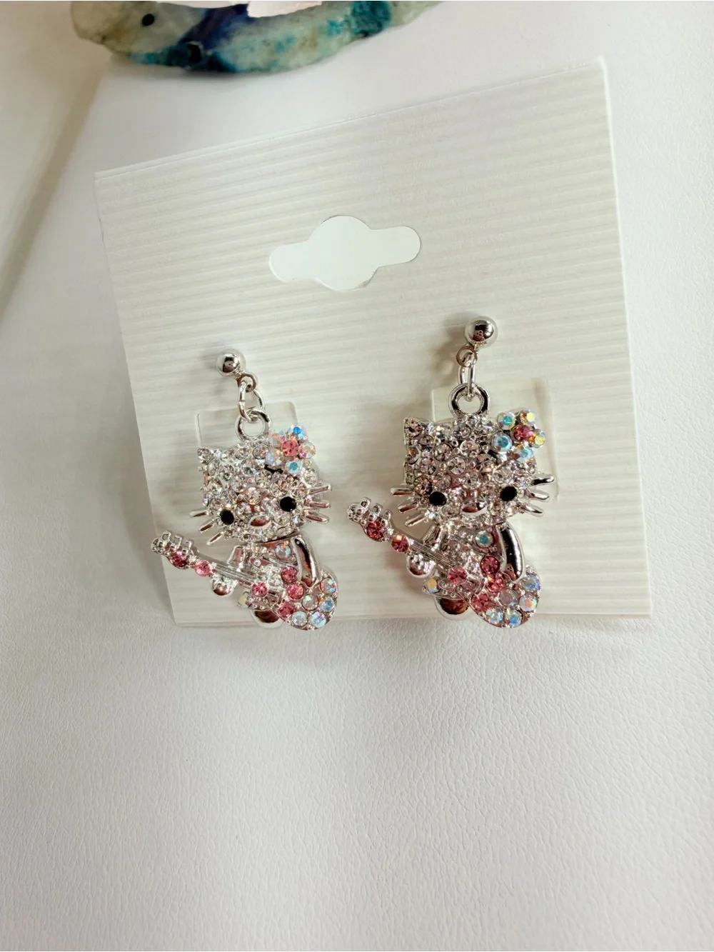 Crystal Cat Guitar Drop Earrings - Pink & Iridescent